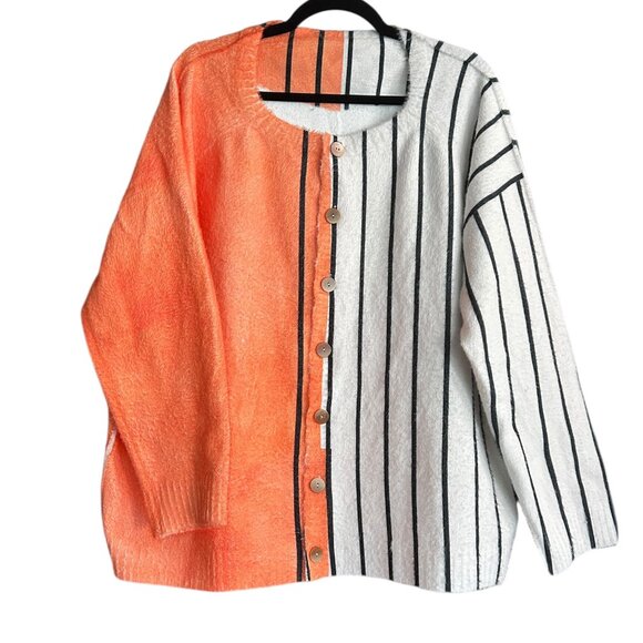Colorblock Coral & White Striped Cardigan • Oversized Open Front • Womens XL/XXL - Picture 1 of 6